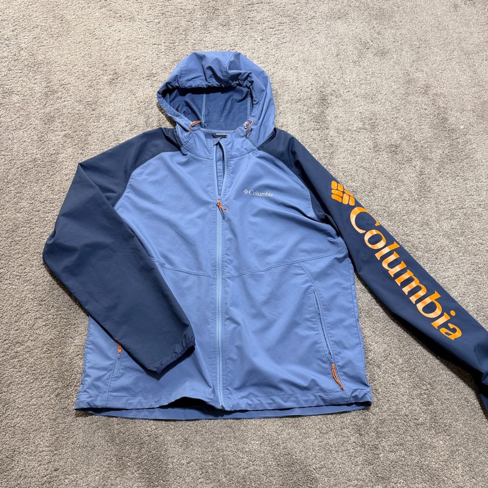 Columbia Mens XL Blue Hooded Windbreaker Full Zip Jacket Orange Logo 1840711